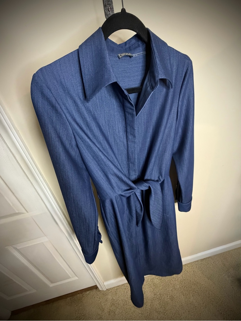 DIOMI Women's Long Sleeve Navy Tie-Waist Shirt Dress #1172